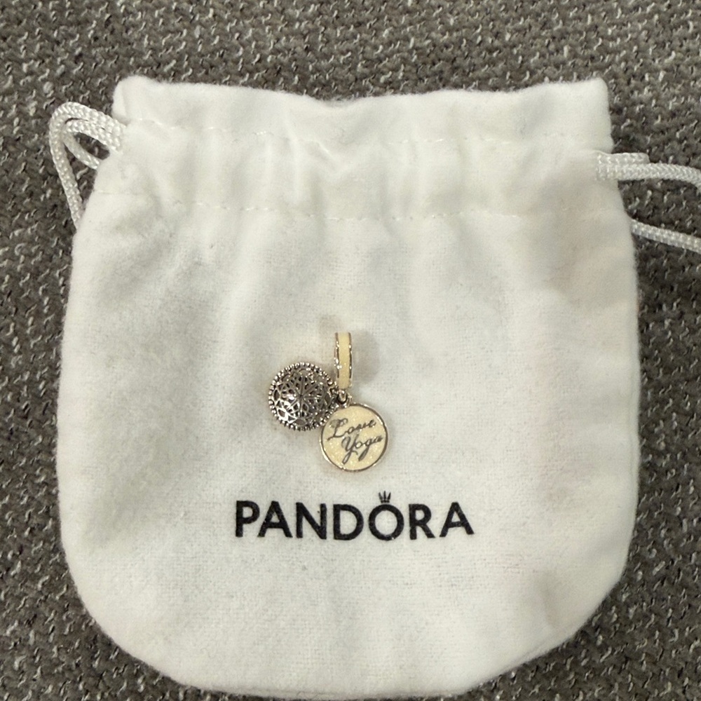 Pandora Silver and Cream Engraved Charm ‘Love Yoga’ Charm